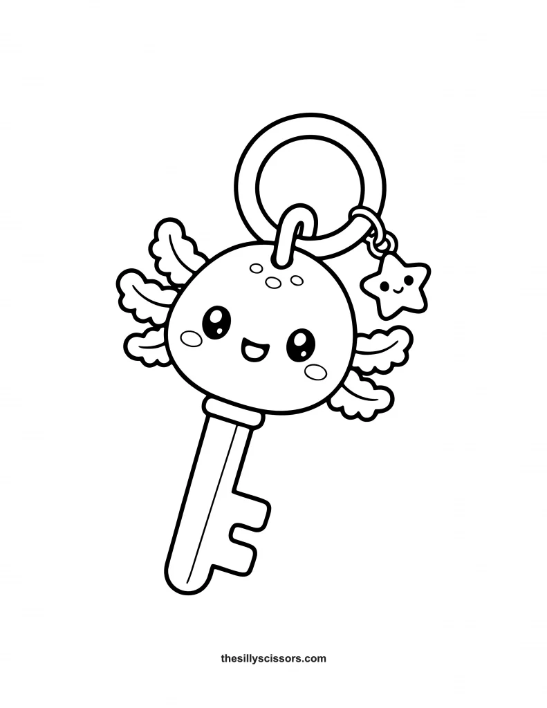 cute-kawaii-axolotl-key-coloring-page Cute kawaii axolotl key coloring page with smiling face and bold outlines.
