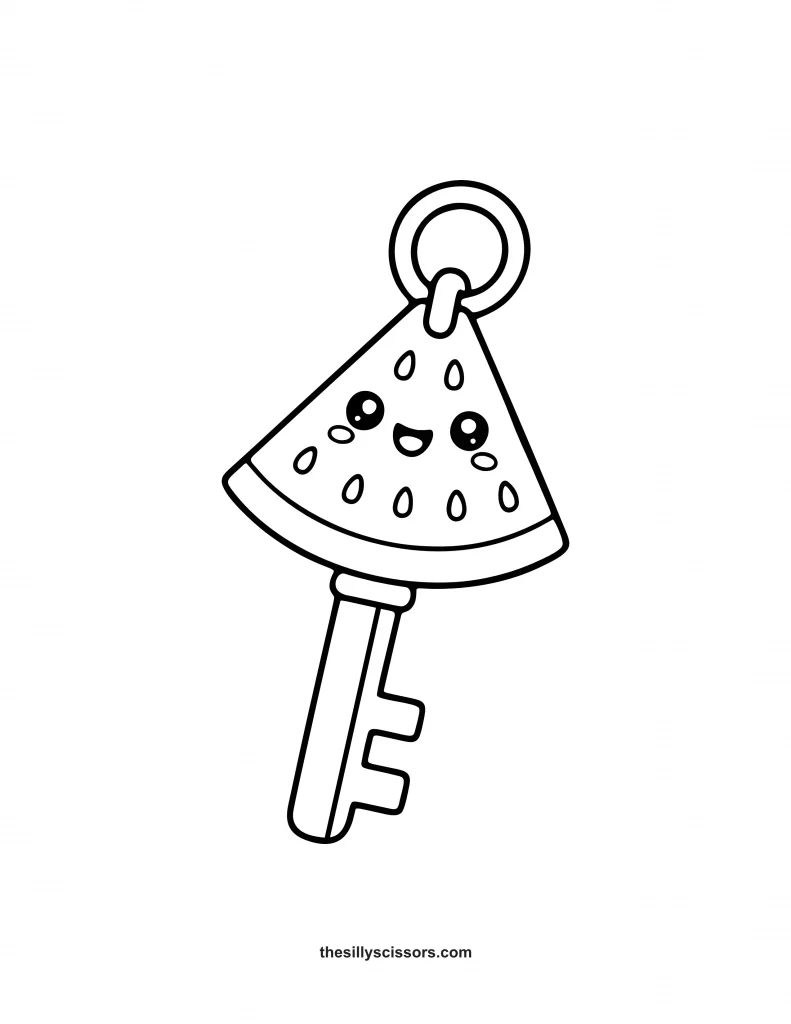 juicy-watermelon-fruit-food-key-coloring-page Cute watermelon key coloring page with a smiling kawaii watermelon slice, seeds, and bold printable outlines.