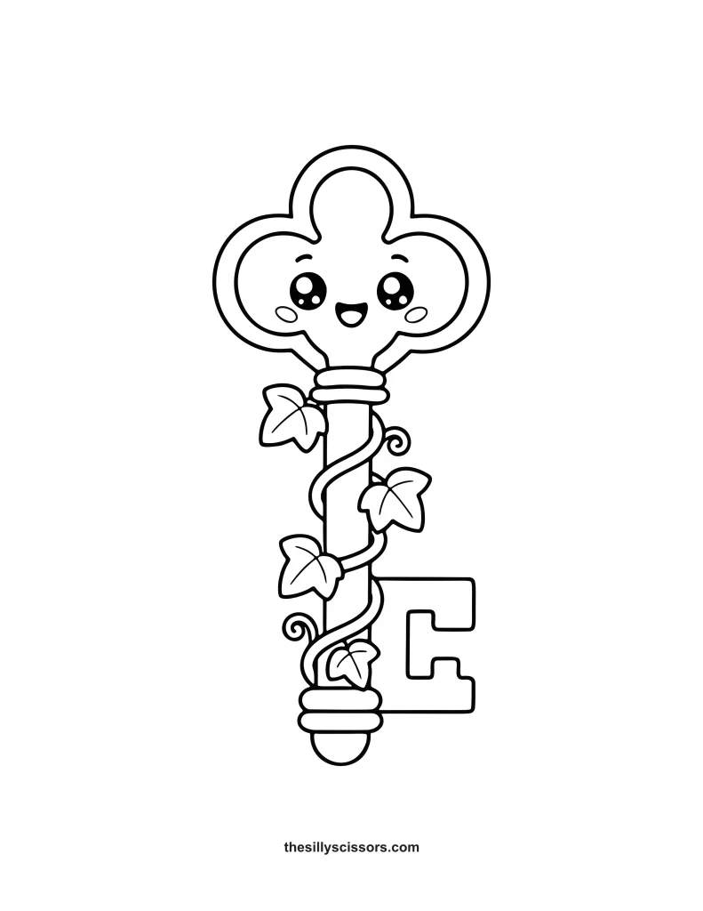 secret-garden-skeleton-key-drawing-asmr-coloring-page Cute skeleton key coloring page with a smiling face, winding ivy vines, and bold printable outlines.
