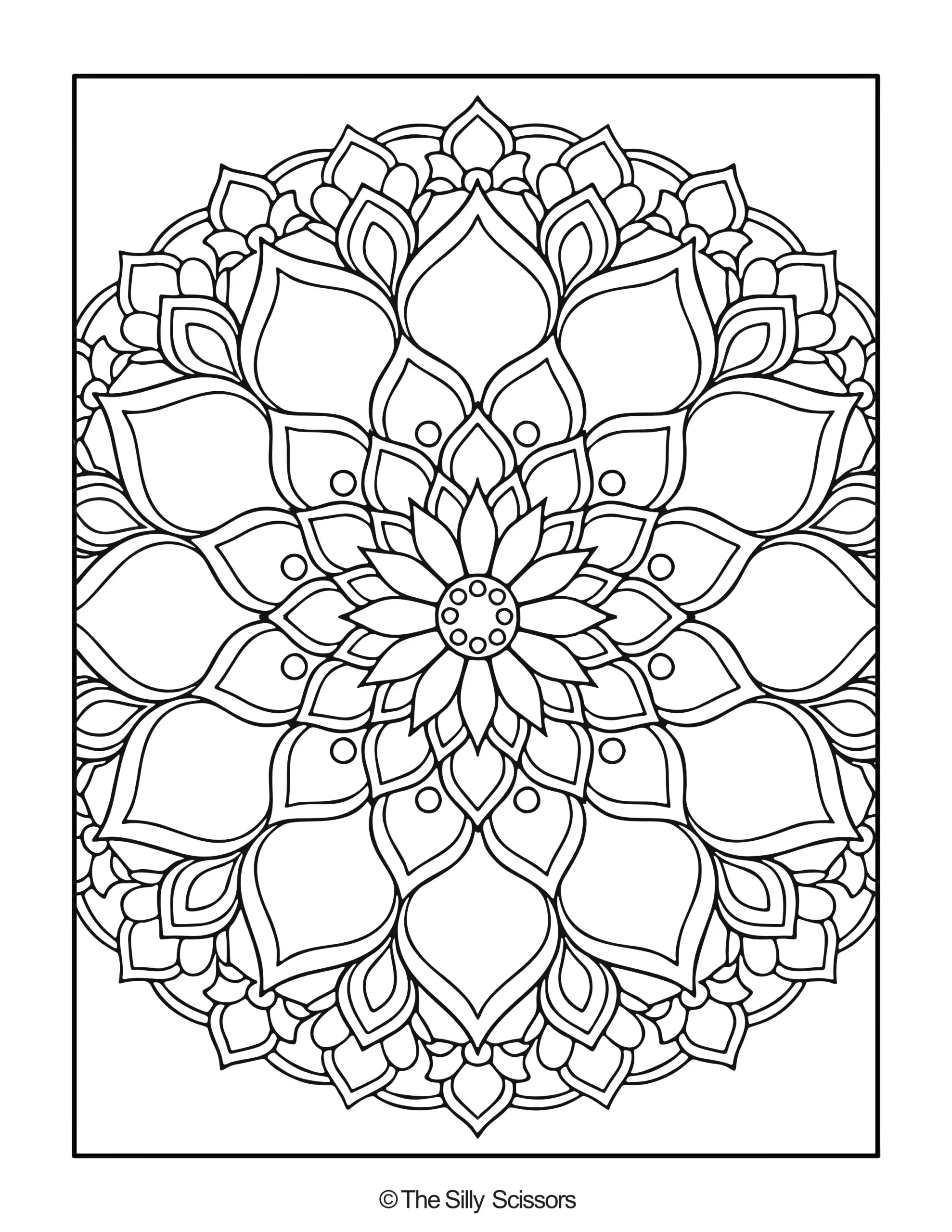 Detailed floral mandala coloring page with radiating petals, layered outlines and decorative shapes.