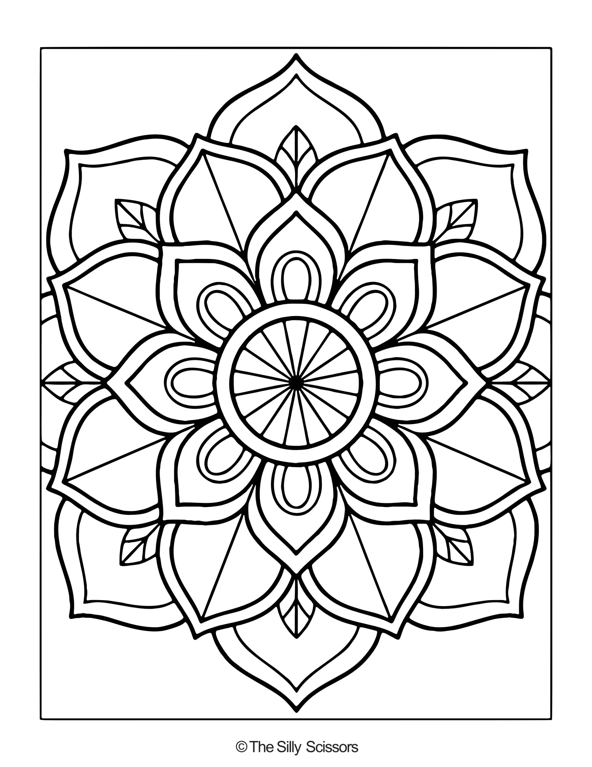 Lotus-style mandala coloring page with a geometric center and layers of rounded and pointed petals.