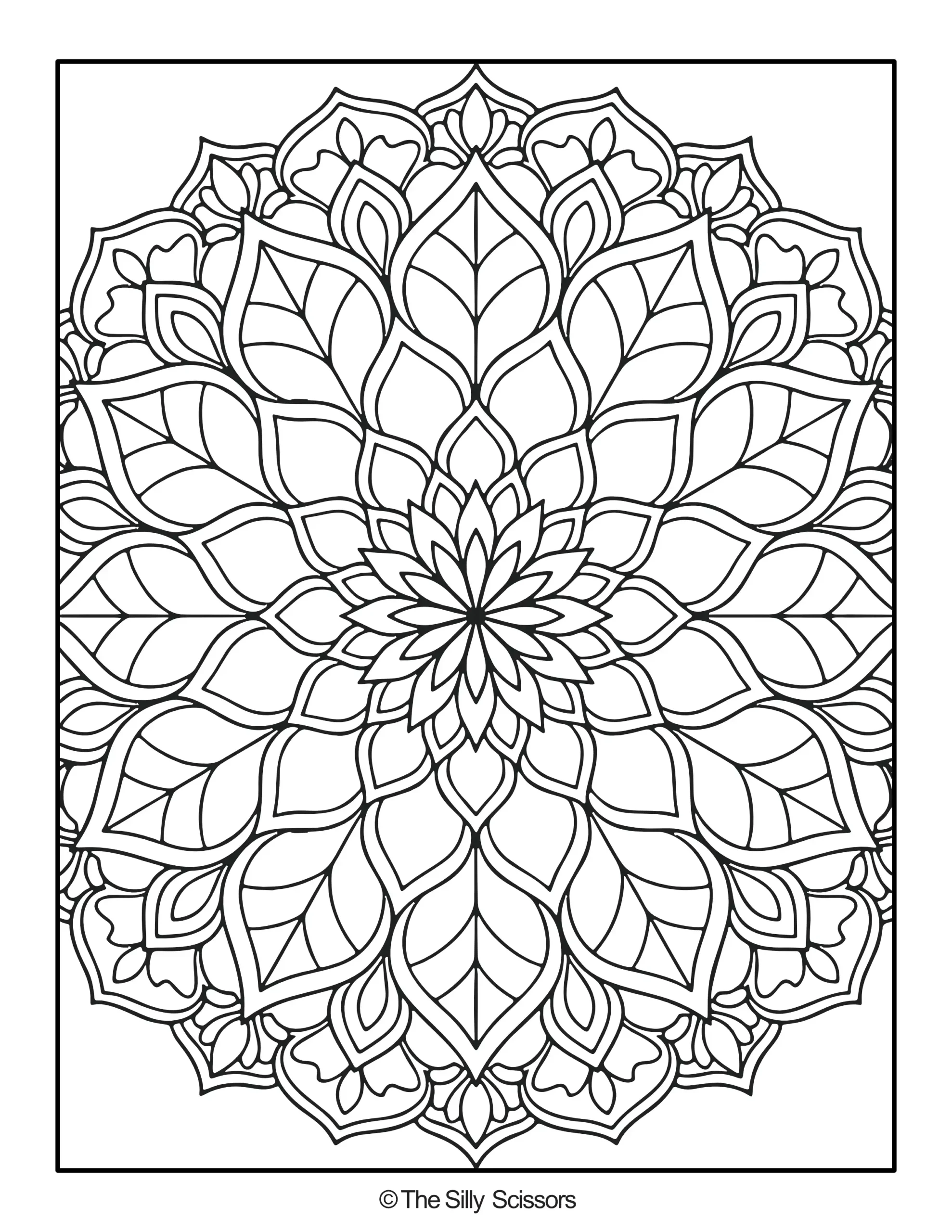 Intricate botanical mandala coloring page with overlapping petal layers and detailed outer patterns.