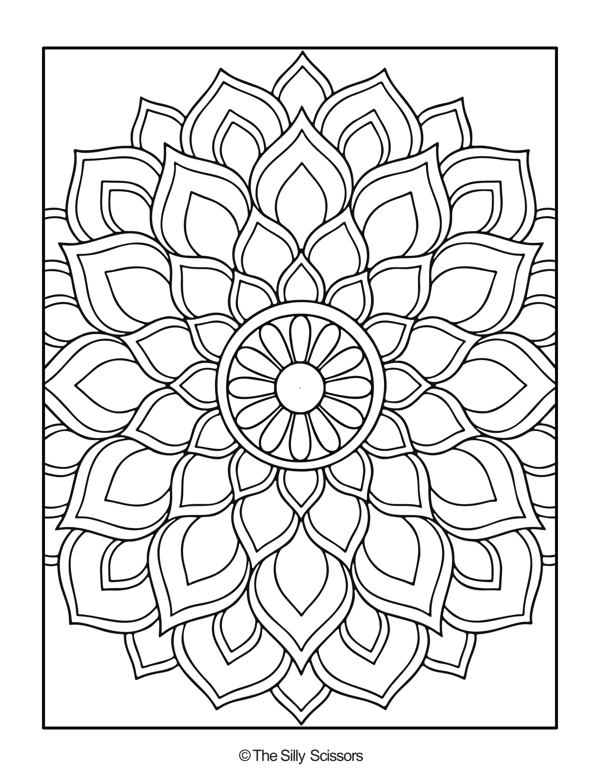 Lotus flower mandala coloring page with repeating layers of long pointed petals.