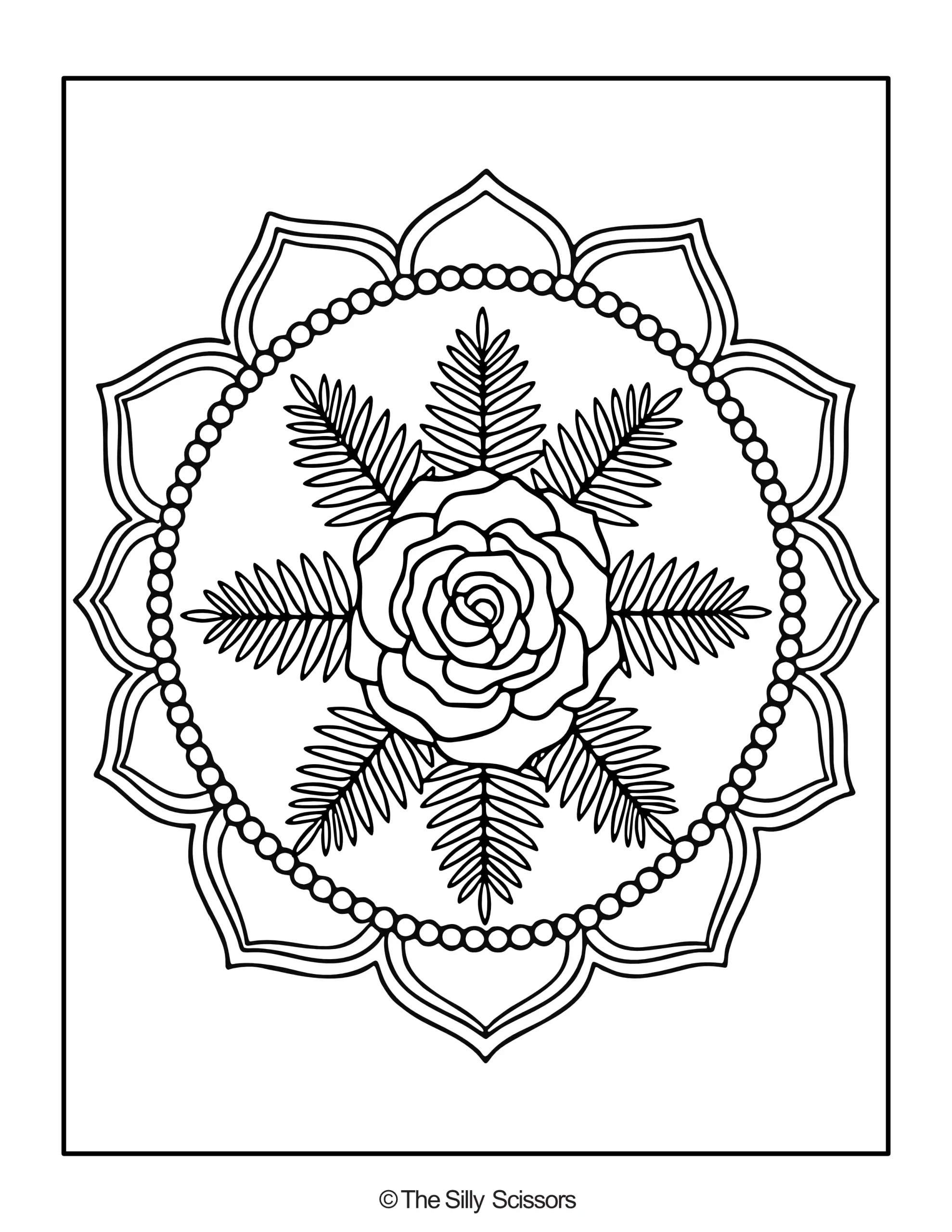 Floral mandala coloring page with a central rose surrounded by fern-like leaves and decorative petals.