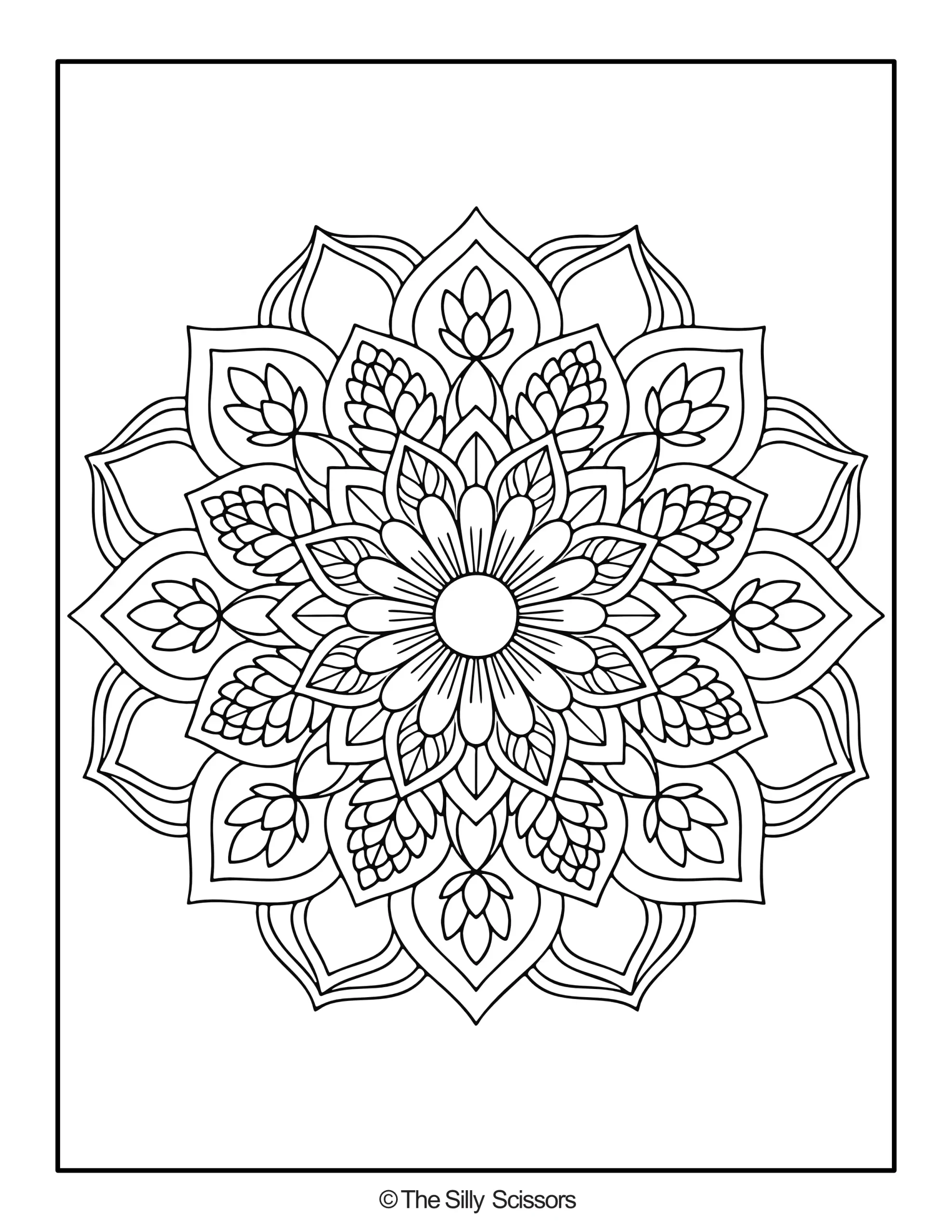 Detailed mandala coloring page with layered pointed petals, leaves and a large central flower.