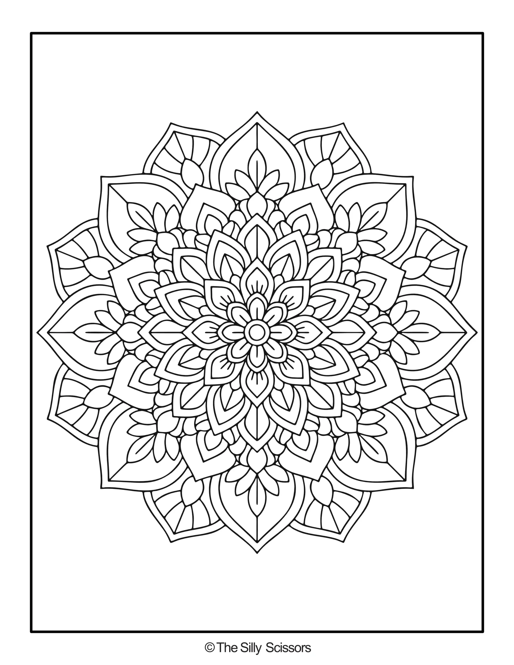 Intricate flower mandala coloring page with many layered petals and repeating floral patterns.