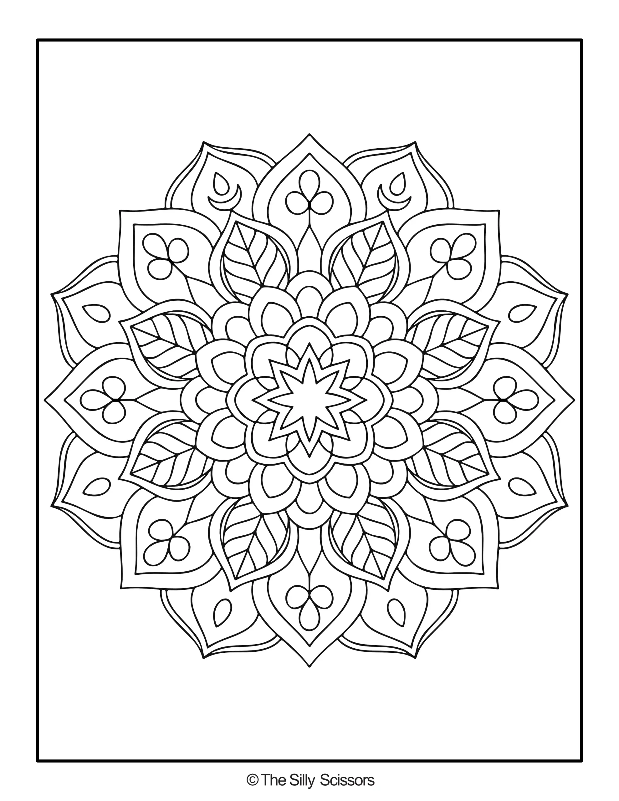 Layered flower mandala coloring page with repeating petals, leaves and floral details.