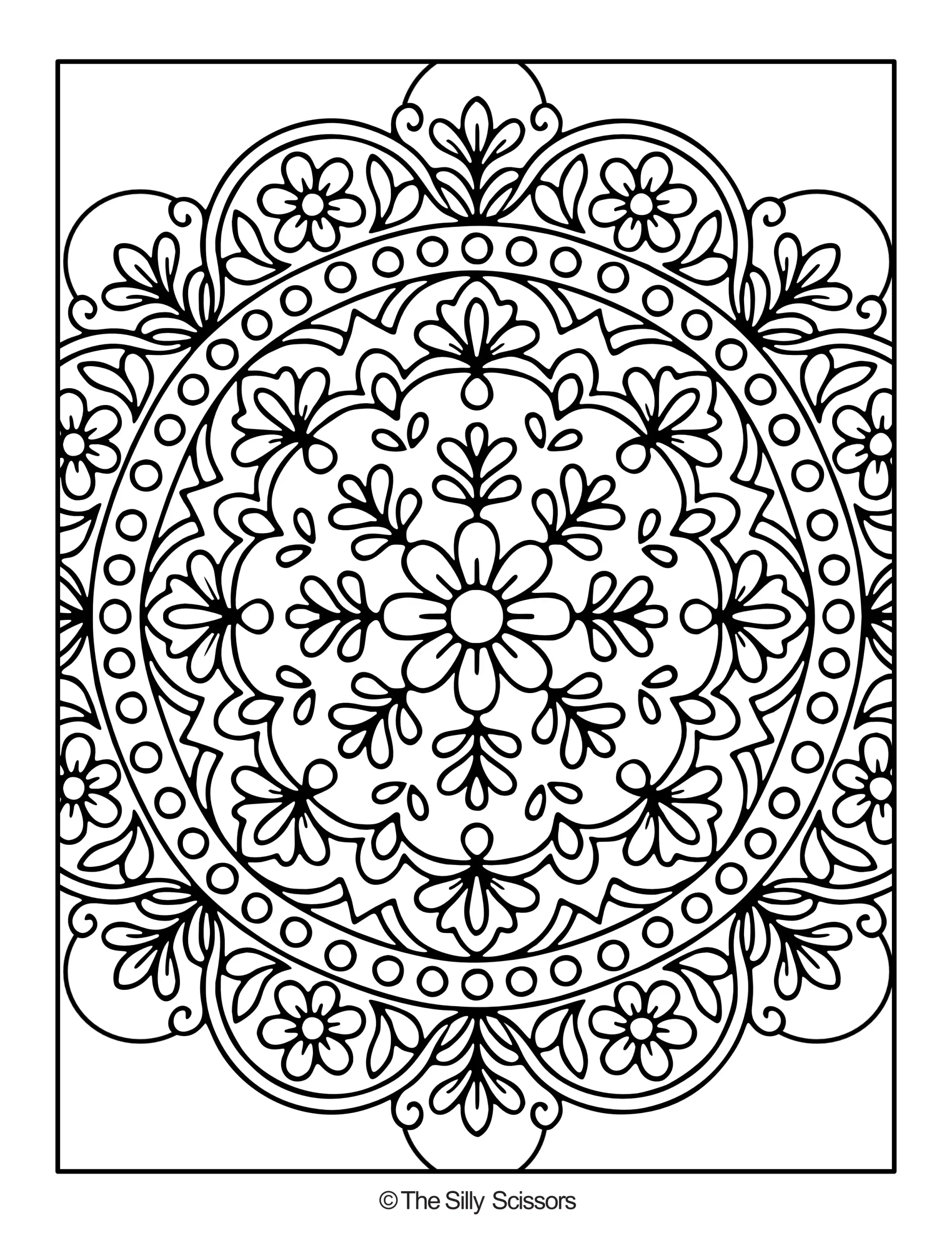 Ornate floral mandala coloring page with small flowers, leaves and decorative circular patterns.